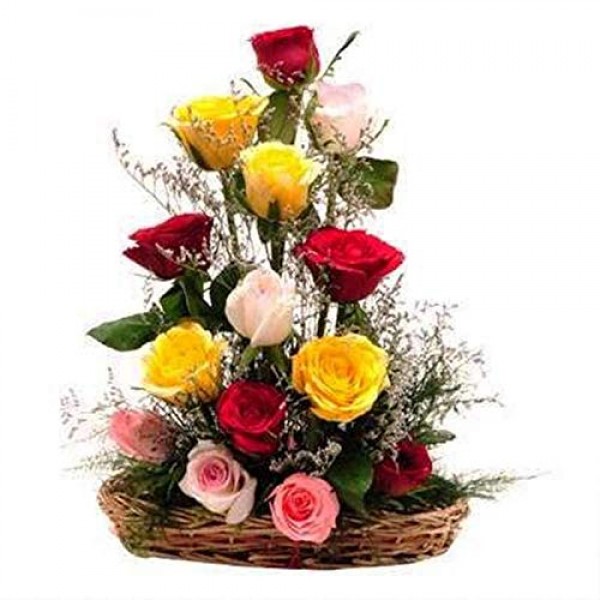 Fresh Flowers Basket Arrangement of 15 Mixed Roses